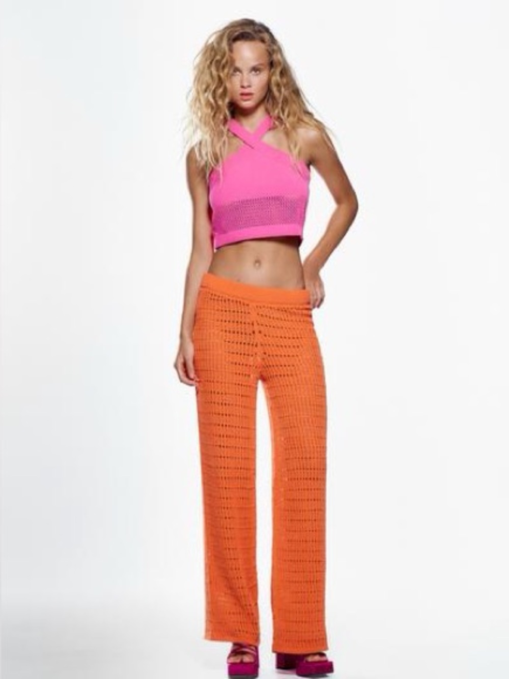 Zara Hot Pink Knit Halter Crop Top